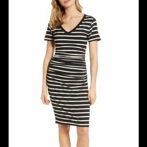 SALE! BP Black and White Striped Bodycon Ruched Dress, Size Small